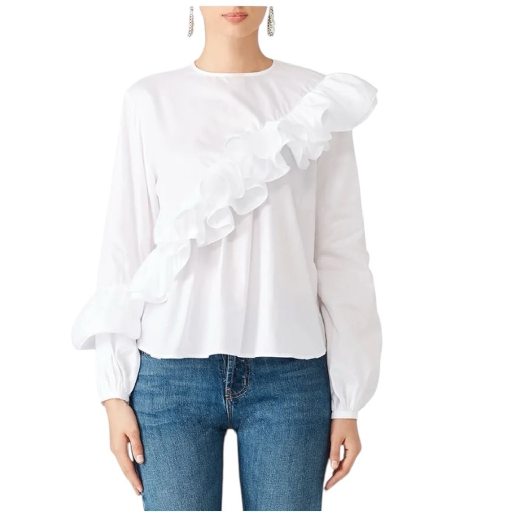 Petersyn Design Ruffled Jessica Top Blouse White Back Button Fancy Size Small